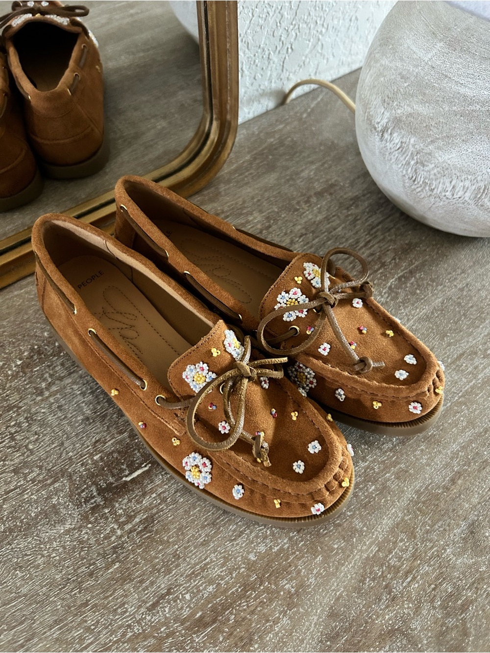 New Free People Sandy Seed Beaded Suede Boat Shoes - Picture 3 of 5